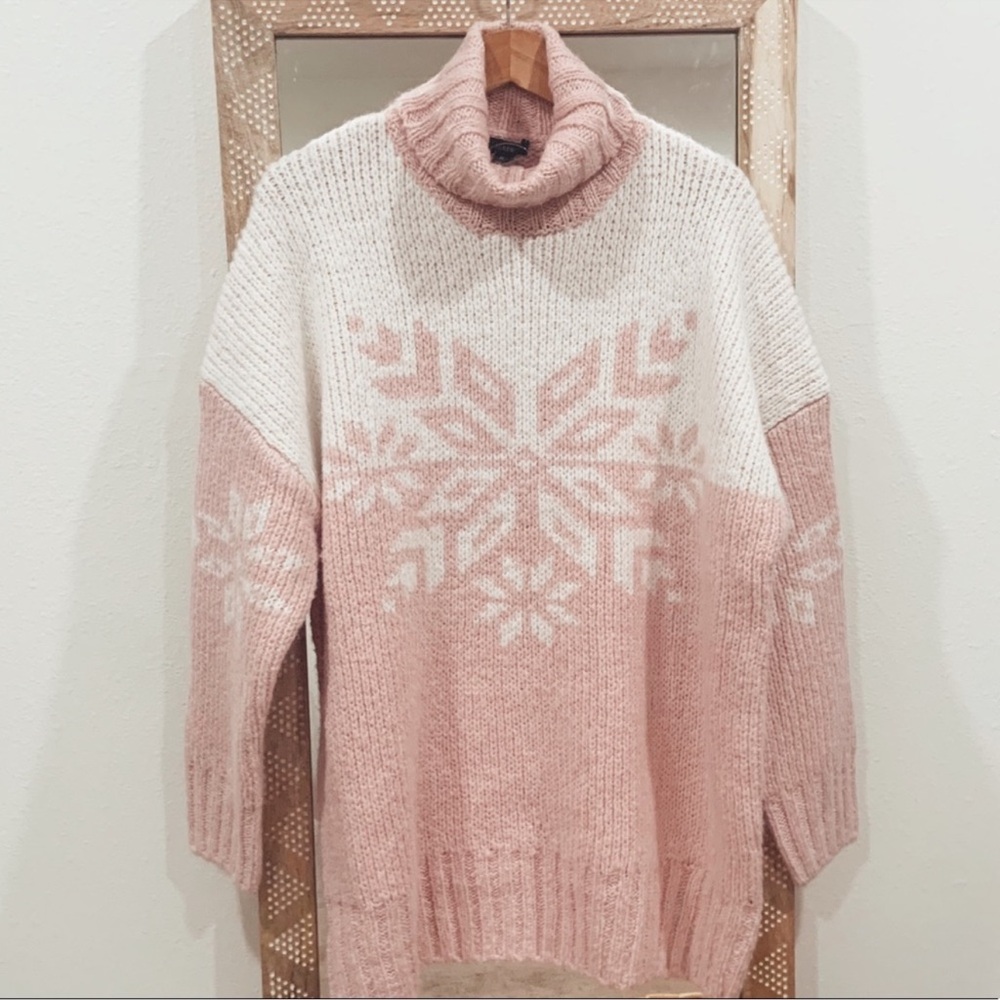 J. Crew | Oversized Pink and Cream Snowflake Turtleneck Sweater